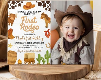 My First Rodeo Birthday Invitation, Wild West Birthday Photo Invitation, Cowboy 1st Birthday Invite, Editable & Printable Template. C015