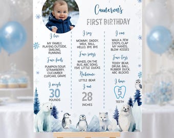 冬のワンダーランド写真マイルストーンサイン、冬の1歳の誕生日マイルストーンポスター、北極の動物1歳の誕生日マイルストーンサイン、印刷可能。W016