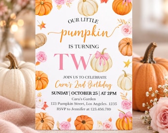 May include: A rectangular birthday invitation card featuring watercolor illustrations of orange and white pumpkins, pink roses, and autumn leaves. The text reads: OUR LITTLE pumpkin IS TURNING TWO JOIN US TO CELEBRATE Cara's 2nd Birthday SUNDAY | OCTOBER 25 | AT 2PM Cara's Garden 123 Pumpkin Street, Los Angeles. 1235 RSVP to Jennifer at 123.456.789