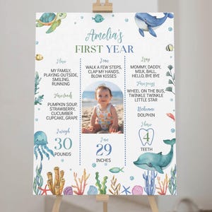 BEARBEITBAR Unter dem Meer Erste Geburtstagsmeilensteintafel, Oneder The Sea Meilensteinfotoposter, Ocean Party Meilensteinschild, druckbar. O009