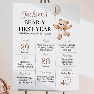 Affiche du premier anniversaire de Beary, panneau d'anniversaire d'ours en peluche, tableau des statistiques de la fête des ours bruns bohèmes, modèle imprimable. B022