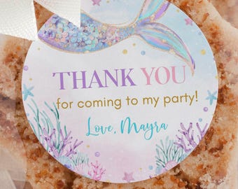 Etiqueta de agradecimiento de cumpleaños de sirena editable, etiqueta de recuerdo de cumpleaños bajo el mar, decoración para el primer cumpleaños de niña, plantilla imprimible. M010