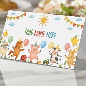 Cartes modifiables de tente de nourriture de fête d'anniversaire de ferme, cartes de nom de nourriture d'anniversaire de basse-cour, décorations de fête d'anniversaire de ferme, modèle imprimable. A014