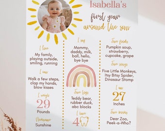 EDITABLE First Trip Around The Sun Birthday Milestone, Boho Rainbow Milestone Board, Sunshine Birthday Milestone Sign, Instant Download R004