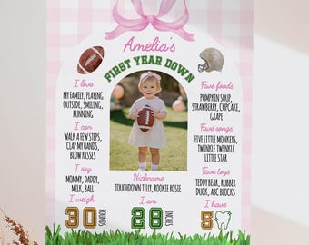 May include: A personalised first birthday poster on an easel, featuring a photo of a baby holding a football. The poster includes the text "Amelia's First Year Down" with details about the baby's likes, measurements, and favourite things.