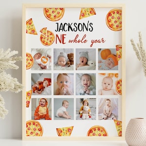 Collage de photos modifiable de première année de pizza, affiche d'étape importante d'anniversaire de pizza, signe de 1er anniversaire de fête de pizza, téléchargement immédiat. P013