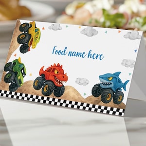 EDITABLE Monster Truck Birthday Food Tent Card, Monster Trucks Party Food Name Card, Boy Birthday Decorations, Editable Template. M012