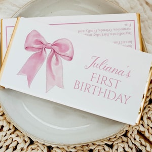 EDITABLE Pink Bow 1st Birthday Party Chocolate Wrapper, Minimal Pink Birthday Candy Bar Wrapper, Girl Birthday Party Printable. P017