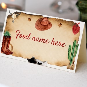 Cartão de barraca de comida para aniversário de primeiro rodeio EDITÁVEL, cartão de nome de comida para aniversário de primeiro ano de cowboy, etiqueta de comida para festa de aniversário estilo western, download instantâneo. #R007