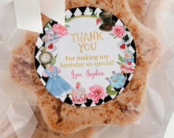 EDITABLE Alice in Wonderland First Birthday Thank You Tag, Onederland 1st Favor Label, Tea Party Birthday Favor Tag, Printable. A004