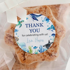 Pu&ograve; includere: Biscotti a forma di stella confezionati in sacchetti di plastica trasparente con fiocchi di nastro bianco. Ogni sacchetto presenta un adesivo circolare con testo blu THANK YOU for celebrating with us! Love, Huson, e illustrazioni marine.