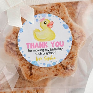 Pu&ograve; includere: Biscotti a forma di stella confezionati in sacchetti di plastica trasparente con fiocchi di nastro bianco. Ogni sacchetto presenta un adesivo circolare con una papera di gomma gialla, bolle blu e il testo: THANK YOU for making my birthday such a splash! Love Sophia.