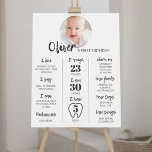 May include: A white and black first birthday poster with a photo of a baby boy. The poster includes the baby's name, Oliver, and details about his first year, including his weight, height, favorite foods, toys, and songs.