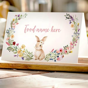 Tarjeta editable con nombre de comida para cumpleaños con diseño de flores silvestres, tarjeta con nombre de comida para fiesta de conejitos, decoraciones para cumpleaños de niñas, fiesta de flores silvestres, descarga instantánea. B023