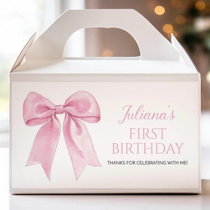 Étiquette de boîte à pignon d'anniversaire avec noeud rose MODifiable, étiquette de boîte cadeau premier anniversaire fille, petits cadeaux roses, modèle imprimable. P017