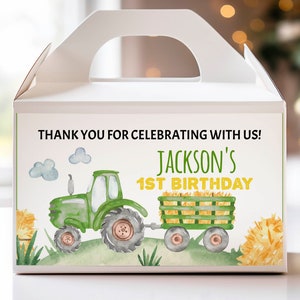 Tractor Birthday Favor Box Label, 1st Birthday Farm Party Gable Box Label, Custom Treat Box for Boys, Green Tractor Birthday Decor. T003