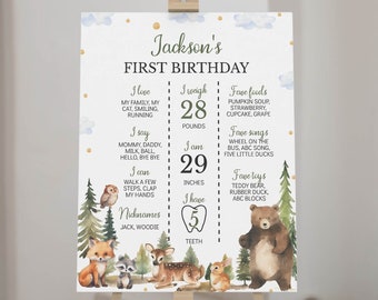 Wild One First Birthday Milestone Poster, Woodland Birthday Milestone, Forest Animal 1st Birthday Milestone Board, Printable Template W013