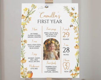 BEWERKBARE Bee First Birthday Milestone Photo Sign, First Bee Day mijlpaalposter, Honey Bee 1e verjaardagsfeestje decor, afdrukbaar. H002