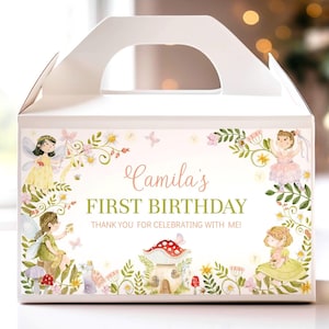 EDITABLE Fairy Party Favor Box Label, Floral Boho Birthday Gable Box Template, Fairy First Birthday Gift Box Labels, Printable Template F024