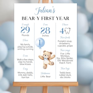 Beary First Birthday Milestone Poster, Teddy Bear Birthday Milestone Sign, Boy Birthday Party Decoration, Printable Template. B022