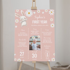 Panneau MODIFIABLE pour le premier anniversaire de Daisy, affiche de lapin un an de bébé, tableau floral de fête d'anniversaire de lapin, imprimable. B017