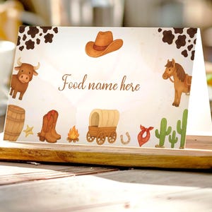 BEARBEITBAR Mein erstes Rodeo Geburtstags-Lebensmitteletikett, Wild-West-Party-Lebensmittelzeltkarte, Cowboy 1. C015