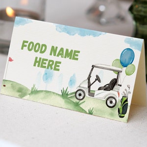 Tarjeta de presentación editable para comida de cumpleaños de golf, tarjeta con nombre de comida de cumpleaños "Hoyo en uno", etiqueta de comida para fiesta de cumpleaños con temática de golf, plantilla imprimible. #G001