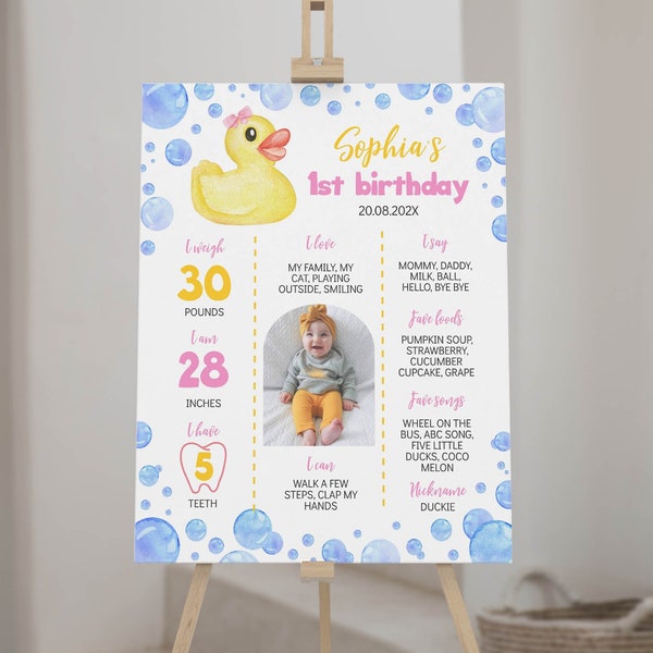 EDITABLE Rubber Duck Milestone Board, Girl 1st Birthday Photo Milestone Poster, Rubber Duckie Birthday Milestone, Instant Download D008