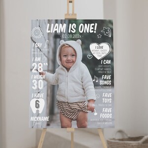 EDITABLE First Birthday Milestone Sign, 1st Birthday Photo Milestone Poster, One Year Baby Milestone Chalkboard, Printable Template. MI02