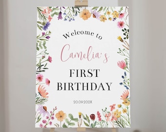 Cartello di benvenuto modificabile con fiori di campo per bambina, poster di benvenuto con fiori boho, cartello per festa del primo compleanno di una bambina, modello stampabile. W011