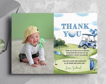 EDITABLE Golf Thank You Card, Golf Birthday Party Picture Thank You Card, Hole In One Birthday Favor Card, Instant Download. G004