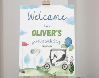 EDITABLE Golf Birthday Welcome Sign, Hole In One Birthday Welcome Sign, Boy Golf 1st Birthday Party Decor, Printable Template. #G001