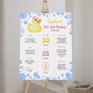 May include: A white birthday milestone sign featuring a yellow rubber duck with a pink bow, blue watercolor bubbles, and pink and yellow text. It lists Sophia's 1st birthday details including 30 pounds, 28 inches, and 5 teeth, dated 20.08.202X.