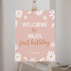 Cartello di benvenuto per festa di compleanno Daisy MODIFICABILE, Cartello di compleanno Daisy, Cartello per festa di primo compleanno Boho, Festa Groovy, Modello stampabile. D003