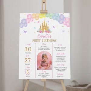 Póster con foto del primer cumpleaños de una princesa, decoraciones para el cumpleaños de una princesita, tablero imprimible para el primer cumpleaños de una princesa. P001