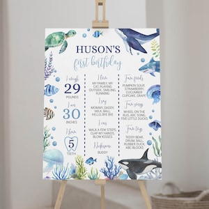 BEARBEITBAR Unter dem Meer Erste Geburtstags-Meilensteintafel, Oneder The Sea Meilensteinplakat, Ocean Party Meilensteinschild, bedruckbar. O004