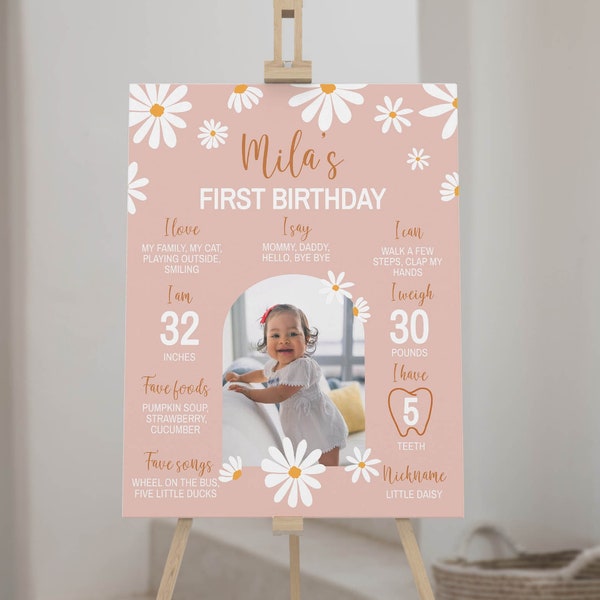 EDITABLE Daisy First Birthday Milestone Sign, Boho One Year Milestone Board, Daisy Birthday Party Milestone Sign, Printable Template. #D003