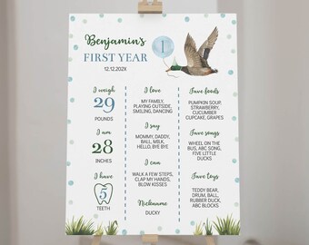 EDITABLE One Lucky Duck Milestone Board, Boy 1st Birthday Milestone Poster, Lucky Duck Birthday Milestone, Instant Download. L007