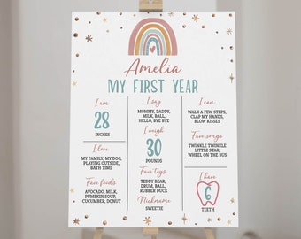 EDITABLE Sunshine Rainbow First Birthday Milestone Sign, Boho 1st Birthday Milestone Poster, Boho Birthday Board, Printable Template. #R010