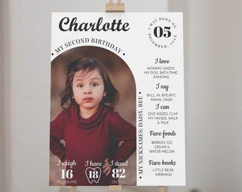 EDITABLE Photo Birthday Milestone Sign, Modern 2nd Birthday Milestone Poster, One Year Photo Baby Milestone Board, Instant Download. #M004