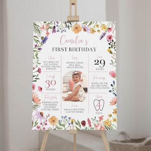 Letrero con foto editable para el primer cumpleaños, póster con flores silvestres para el primer cumpleaños de una niña, pizarra floral para cumpleaños, imprimible. W011
