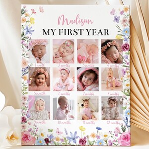 Collage de fotos editable de primer año, collage de flores silvestres para niña, póster de primer año de bebé, collage de fotos de 12 meses, imprimible. W019