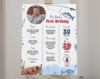 Tablero de hitos de pesca editable, póster de hito del primer cumpleaños de Big One, letrero de hito con foto de cumpleaños de O-Fish-Ally, descarga instantánea F011