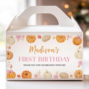 EDITABLE Pumpkin 1st Birthday Gable Gift Box Label, Our Little Pumpkin Gable Label, Pink Bow Party Favors, Girl Birthday Printable