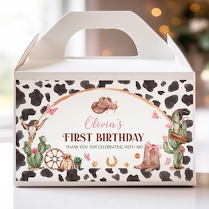 EDITIERBARE Cowgirl-Geburtstagsfeier-Gable-Geschenkboxetikett, mein erstes Rodeo Favor Box Giebeletikett, Western-Geburtstags-Gastgeschenk, bedruckbar. C011