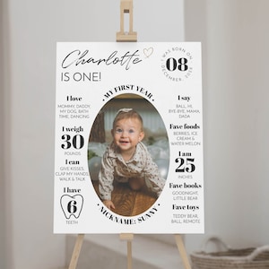 EDITABLE First Birthday Milestone Board, Modern Photo 1st Birthday Milestone Poster, One Year Baby Milestone Sign, Printable Template. #M004