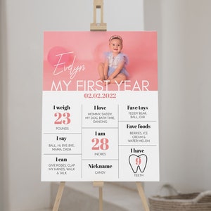 Cartello MODIFICABILE per il primo compleanno, poster moderno per il primo compleanno, cartello per il primo anno di vita con foto del bambino, modello stampabile. #M004