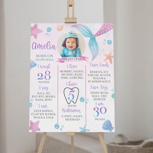 Affiche MODIFIABLE d'étape importante de la sirène, panneau d'étape important avec photo du 1er anniversaire de la sirène, panneau de tableau de statistiques sous la mer, modèle imprimable. #M001