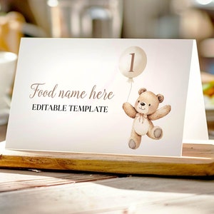 Etiquetas de comida de primeiro aniversário de urso EDITÁVEIS, cartões de barraca de comida para chá de bebê de urso, etiquetas de comida de urso de pelúcia, modelos para impressão, download instantâneo B022