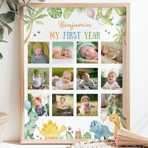 Collage de fotos de cumpleaños de dinosaurios editable, collage de 12 meses con decoraciones para fiestas de dinosaurios, descarga instantánea del hito del primer cumpleaños de los dinosaurios D016
